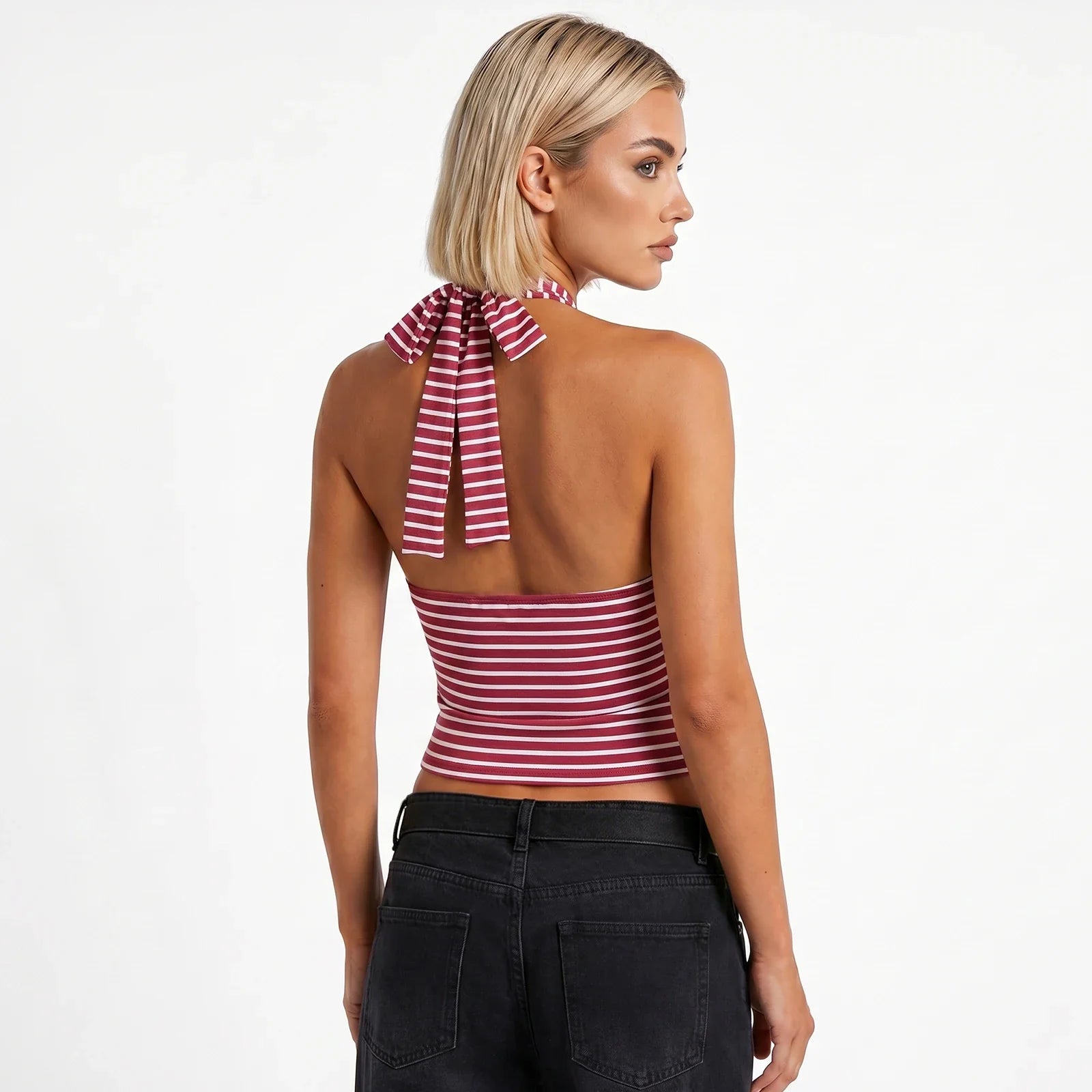 Women Striped Low Cut Tank Tops Slim Fit Cowl Neck Open Back Sleeveless Halter Crop Shirts Trendy Summer Streetwear