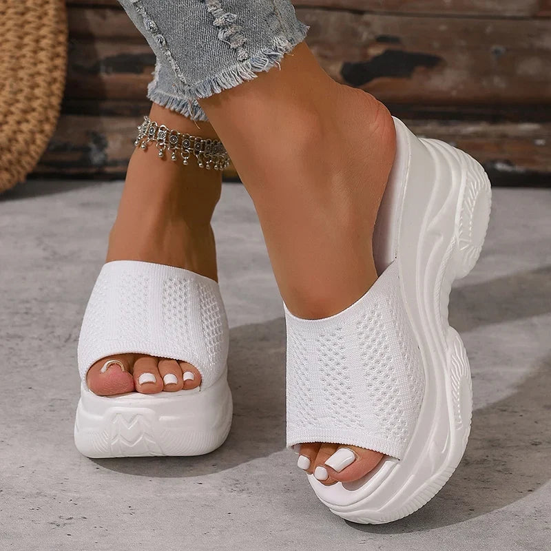 Peep Toe Wedge Heel Slippers Women Breathable Knitted Chunky Platform Sandals Woman Plus Size 43 Thick Sole Summer Sandals 2026
