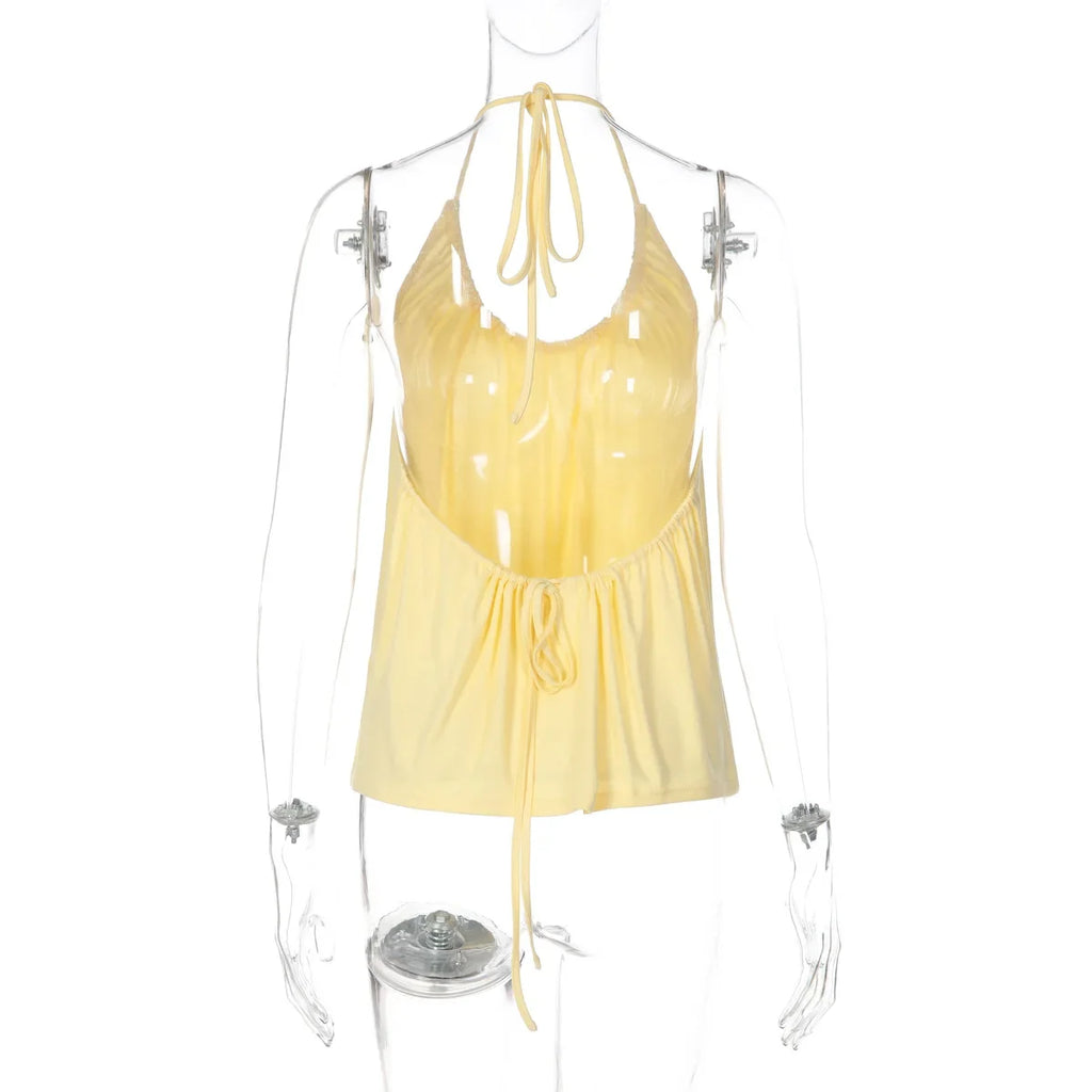 FDYOUI Woman Clothing Halter Neck Backless Camisoles Streetwear 2026 Summer Girls Sexy Lace-up Off Shoulder Yellow Tank Tops