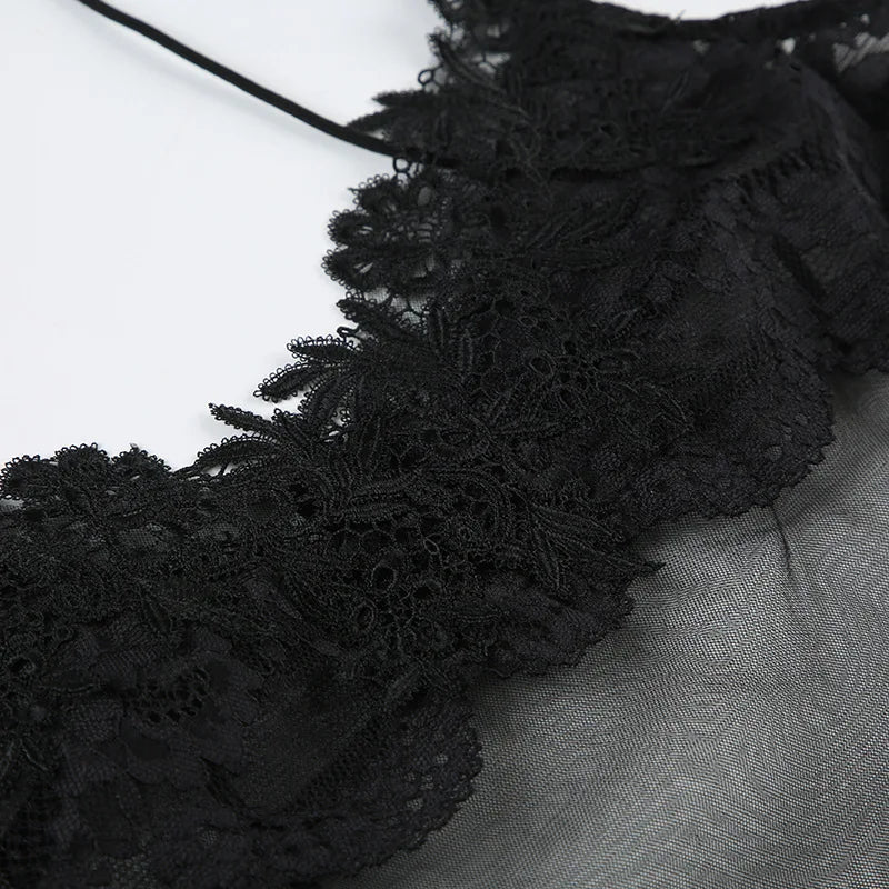 FDYOUI Sexy Lace Patchwork Mesh Long Dress Women Spaghetti Strap See-through Evening Party Dresses White Black Night Club Outfit