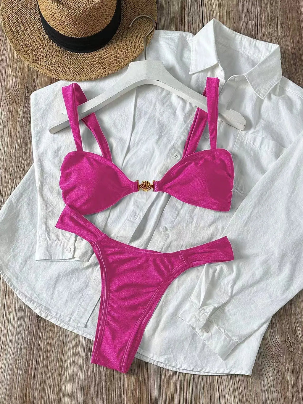 Sexy Metal Shell Ornament Bikini Set 2026 Women Hot Pink Pleate Push Up Bra Thong Swimsuit Summer Bathing Suit Micro Swimwear