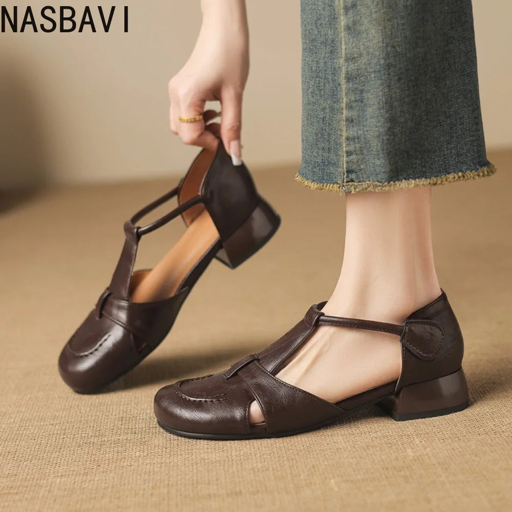 French Slip-on Single Shoes Retro British Shoes for Women Brown T-Strap Shallow Flat Sandals Soft Leather Rome  Summer New 32-43