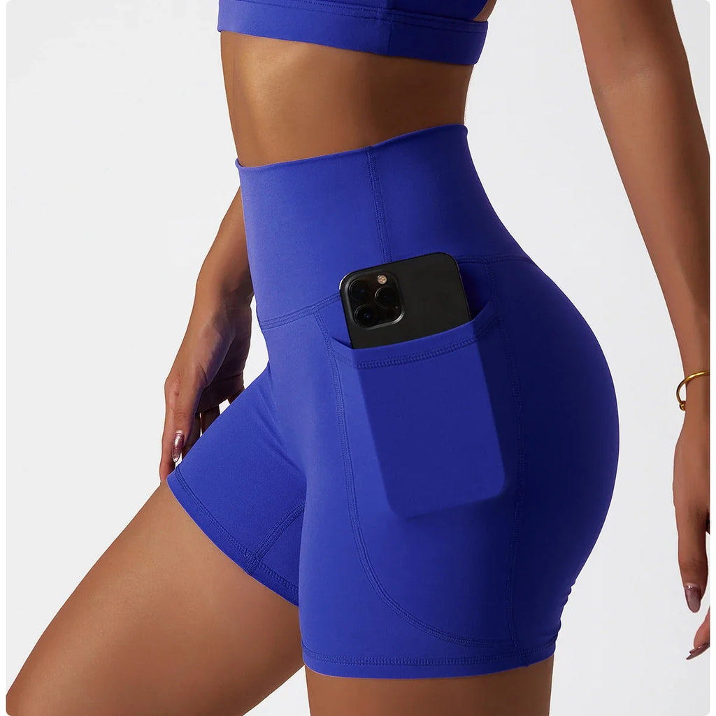 Comfortable Skin Friendly Summer High Waist Yoga Shorts Gym Hip Lift Pants Pocket Breathable Running Cycling Sports Shorts Women