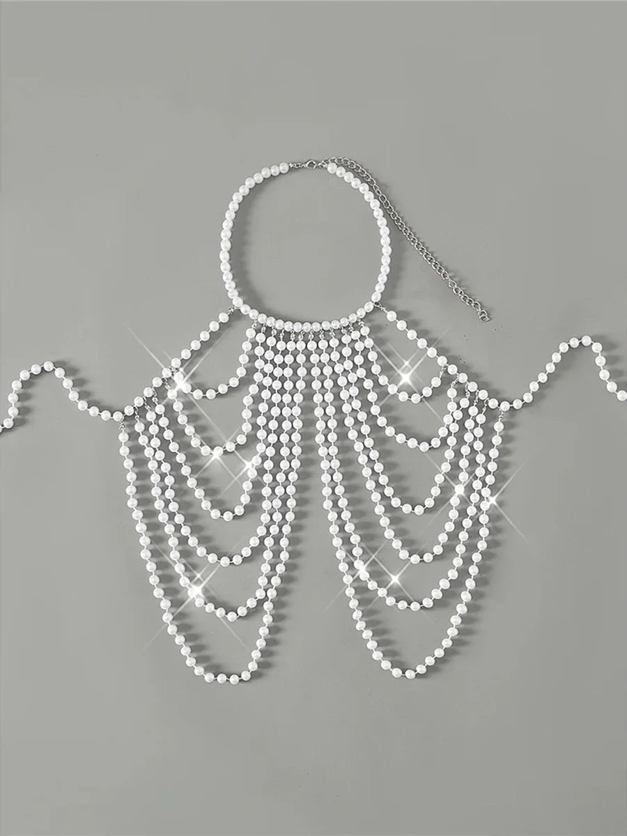 Luxury Pearls Chain Halter Hollow Out See Through Bikini Top Female Swimsuit Women Swimwear Bather Bathing Suit Swim Beach Top