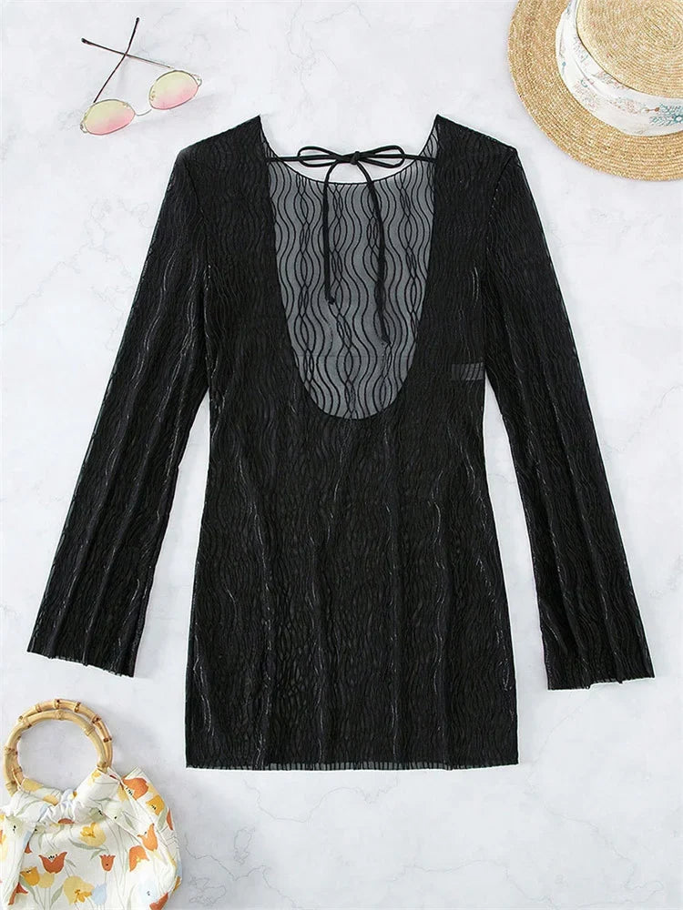 Bikini Beach Outfits Sexy Elegant Long Sleeve Mesh Solid White Dresses and Tunics for Women Cover-Up Swimwear Summer Dress