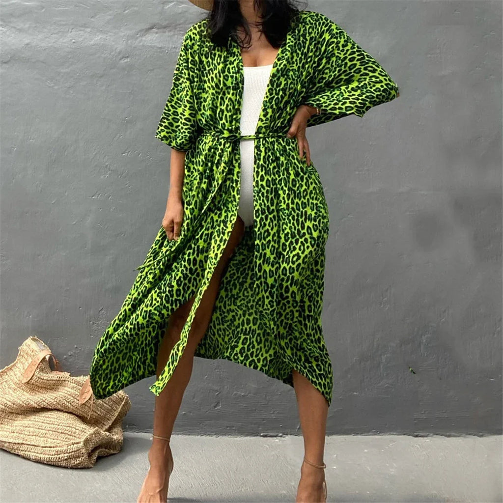 17 Colors Leopard Printed Colorful With Belt Tunic Cover-ups Beach Dress Beach Wear Beachwear Female Women Beach Cover Up V4510L