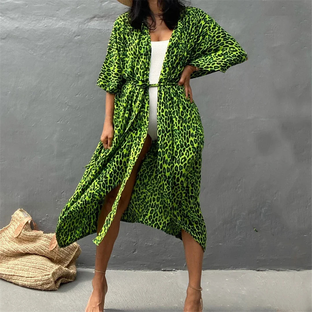 17 Colors Leopard Printed Colorful With Belt Tunic Cover-ups Beach Dress Beach Wear Beachwear Female Women Beach Cover Up V4510L