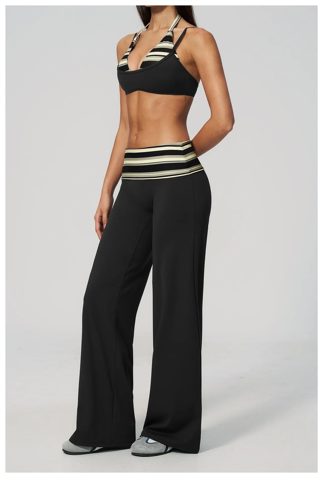 Fake Two-piece Sports Bra Yoga Sets Women Coffee Striped Patchwork Folding High Waist Wide Leg Pants Gym Running Fitness Suits