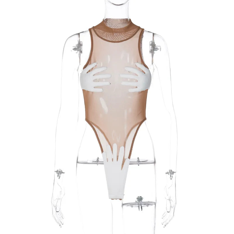 DEKA Splicing Mesh Sheer Women Swimwear One Piece Swimsuit Monokini High Leg Cut Bather Bathing Suit Ransparent Bodysuit Beach