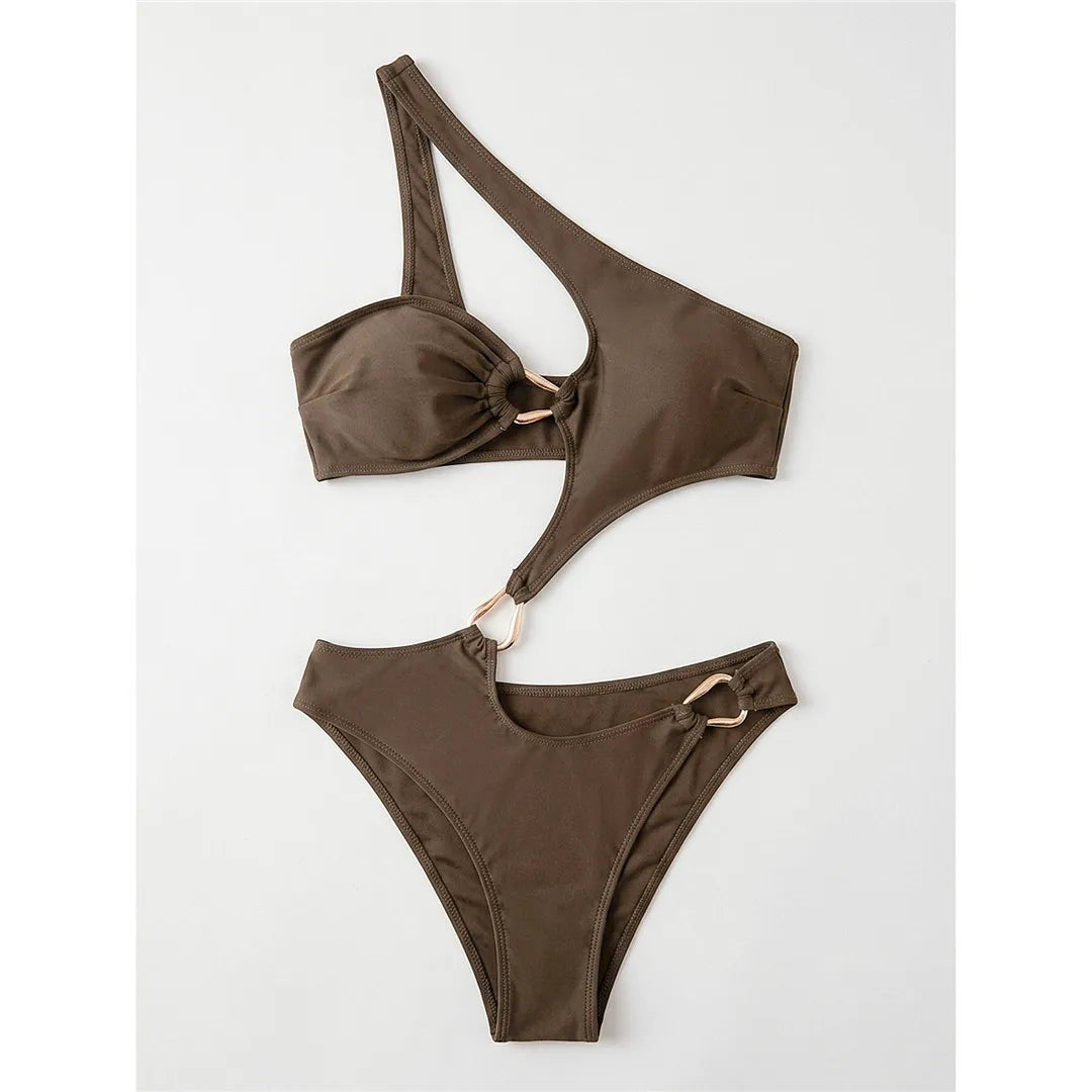 Asymmetric One Shoulder Cut Out One Piece Swimsuit Women Swimwear Female Metal Ring High Cut Leg Bather Bathing Suit Swim V8265