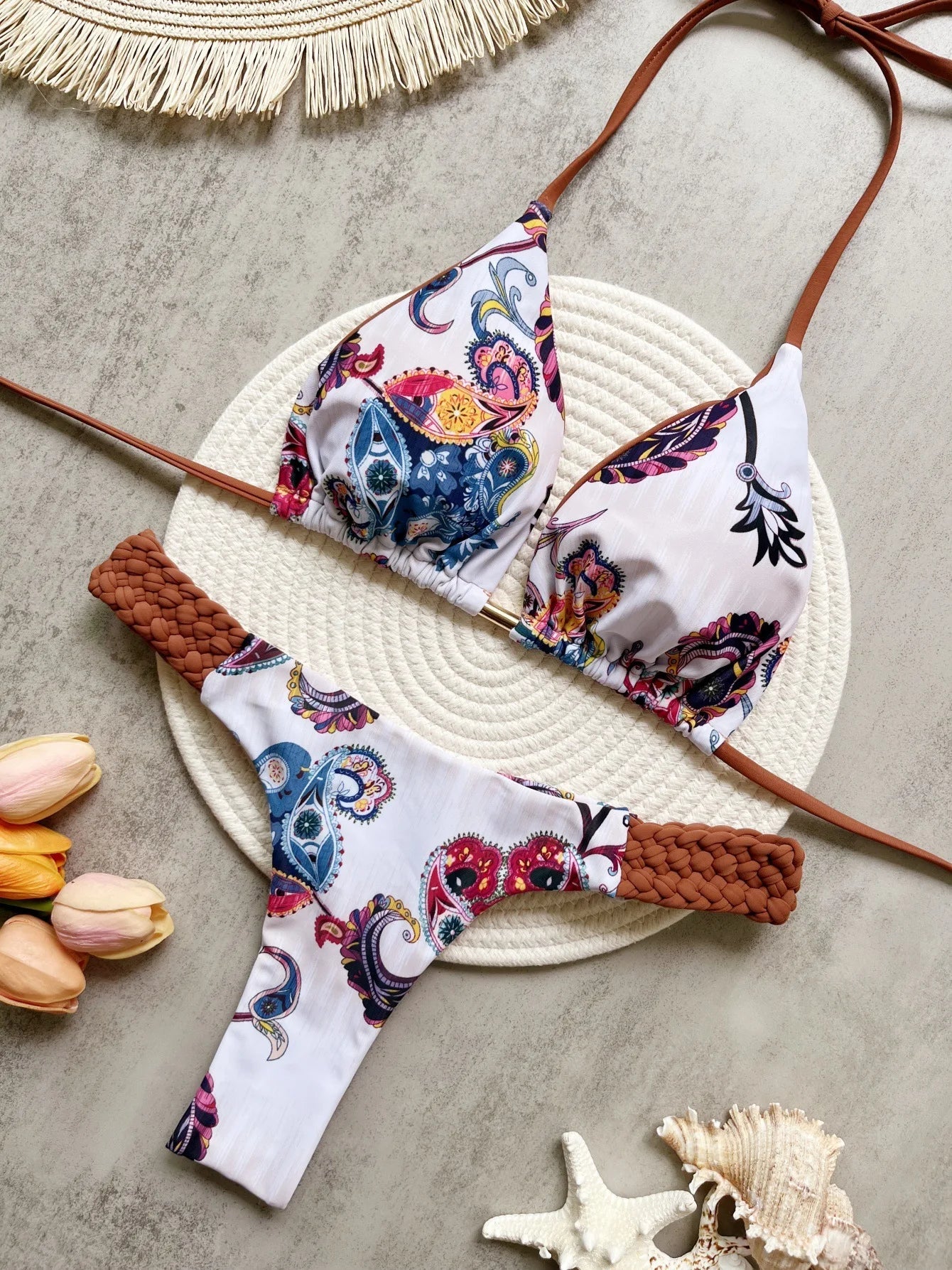 Sexy Vintage Print Bikini Set 2025 Women Orange Cut Out Weave Thong Swimsuit Bather Bathing Suit Two Piece Swimwear Biquini