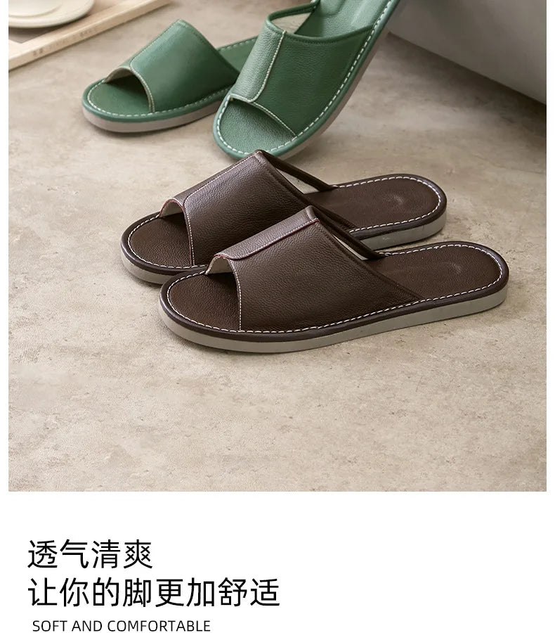 Big Size EU48 Indoor Slippers For Women Men Spring Summer House Shoes Soft Leather Anti-slip Open Toe Couples Home Floor Slides