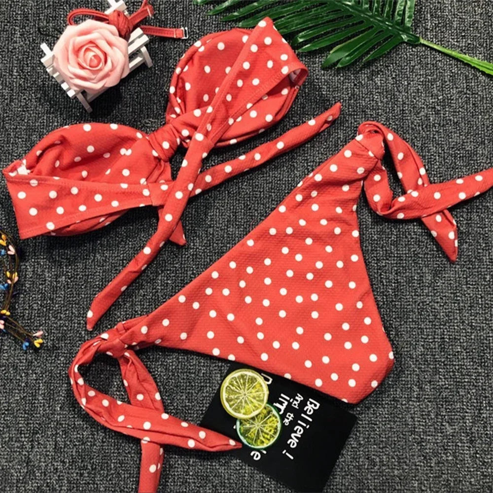 Ribbed Knotted Polka Dot Bikini 2025 Women Strapless Bandeau Swimsuit Female Swimwear Two Pieces Bikini Set Bathing Suit Swim