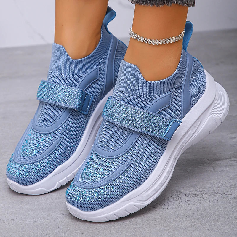 Shiny Crystal White Platform Sneakers Women Comfort Knitted Breathable Walking Shoes Woman Casual Non-Slip Sport Shoes Ladies