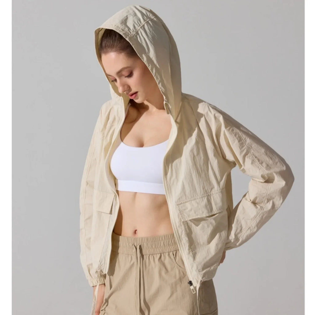 Outdoor Windproof Mountaineering Jacket Women Fashion Lightweight Sun Protection Sports Hooded Top Casual Loose Hiking Yoga Suit