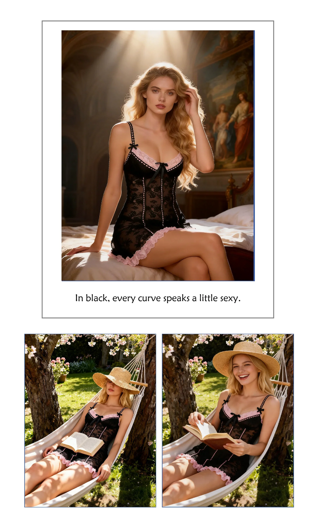 Pink Sexy Lace Ruffled Suspender Nightdress for Women Babydoll Lingerie Push Up Chemise Sleepwear