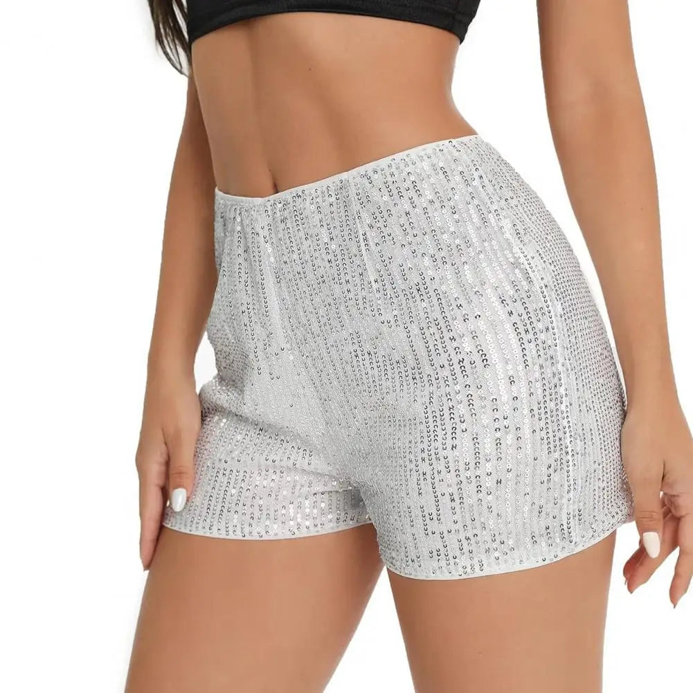 Women Shorts Shiny Sequin High Elastic Waist Straight Slim Fit Soft Breathable Above Knee Length Club Party Beach Mini Shorts