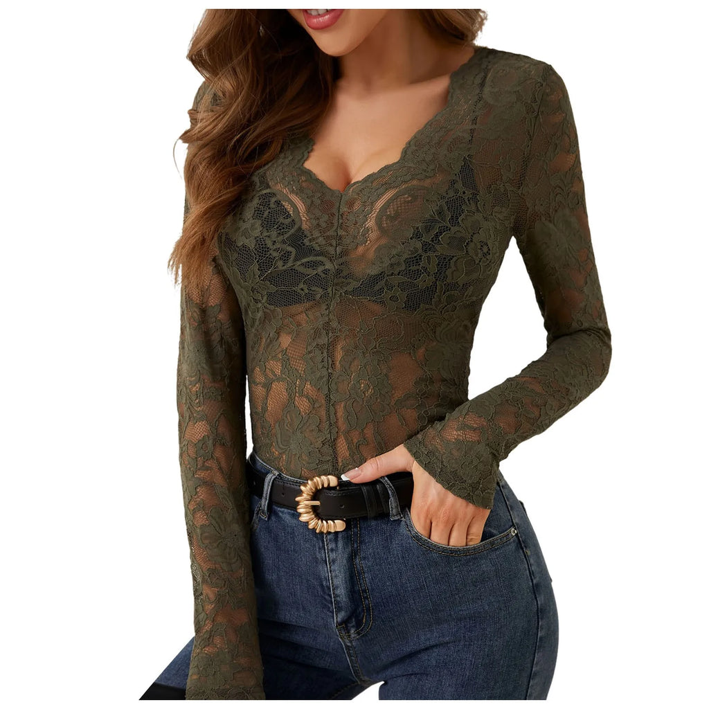 Women V Neck Floral Lace Long Sleeve T Shirt See Through Slim Fit Tees Y2k Gothic Club Party Streetwear Ladies Sheer Basic Tops