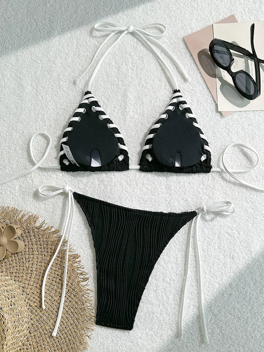 2025 Halter Wrinkled Weaved Bikini Women Swimwear Female Swimsuit Two Pieces Bikini Set Brazilian Bathing Suit Swim Beach Wear