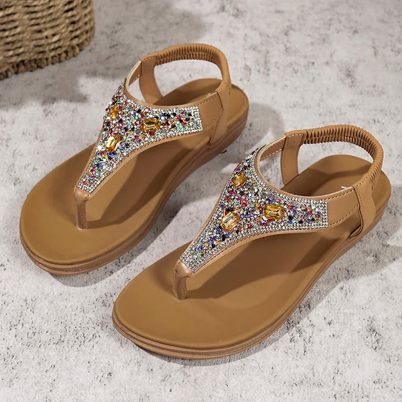 Fashion Rhinestone Bohemian Sandals Women 2025 Summer Clip Toe Flats Beach Sandles Woman Non Slip Elastic Band Sandalias Mujer