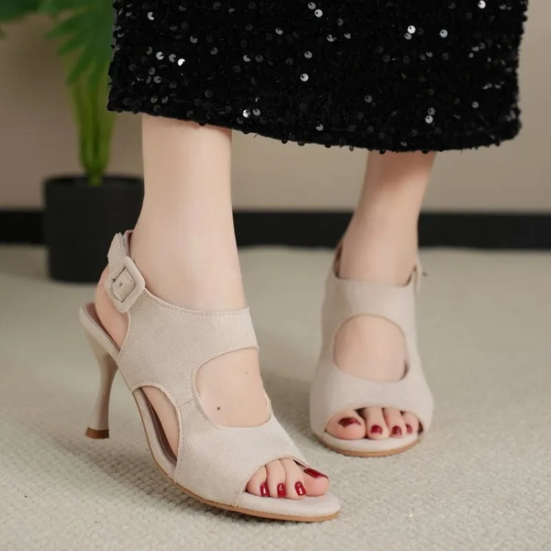 2026 Summer Fashion Buckle Pointed Toe Women's High Heel Sandals Anti-Slip Elegant Dress Fish Mouth Shoes Large Size Femininas