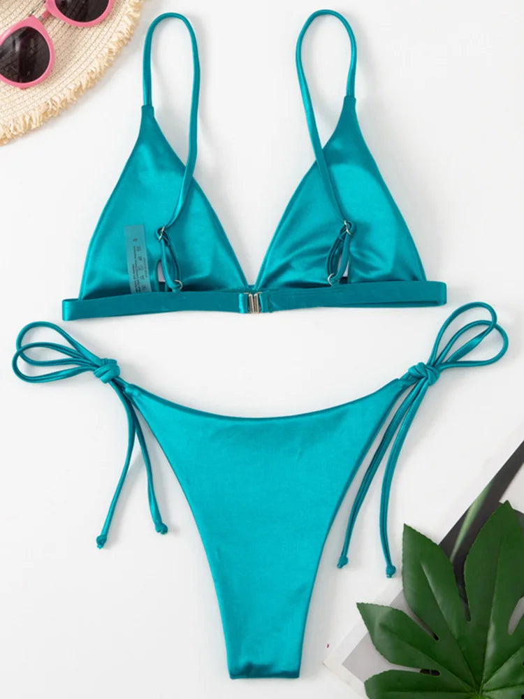 2025 Metallic Satin High Cut Brazilian Bikini Women Swimwear Female Swimsuit Two-pieces Bikini Set Bathing Suit Swim Beach Wear