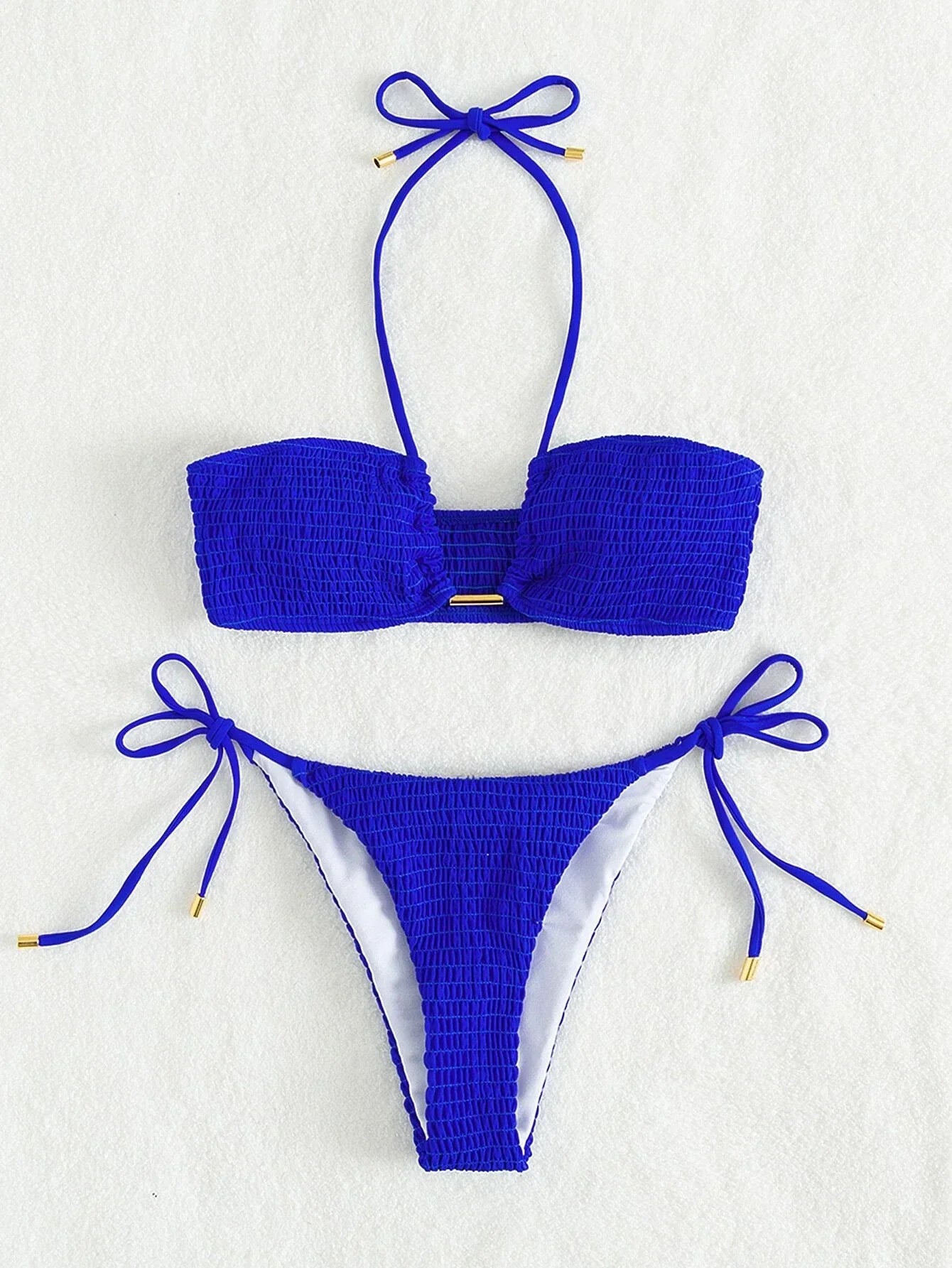 Halter Tie Side Pleated Smocked Bikini Women Bandeau Swimsuit Female Swimwear Two Pieces Bikini Set Bathing Suit Swim Beach Wear