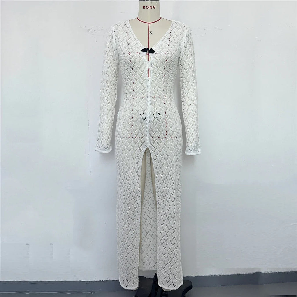 3 Colors Long Sleeve Cut Out Crochet Knitted Tunic Beach Cover Up Cover-ups Beach Dress Beach Wear Beachwear Female Women K6536