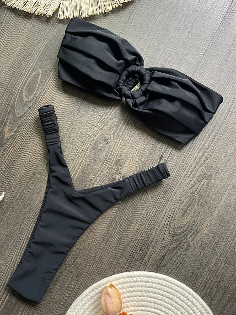 Wrinkled Bandeau High Cut Mini Thong Bikini Female Swimsuit Women Swimwear Two-pieces Bikini Set Bather Bathing Suit Swim Lady