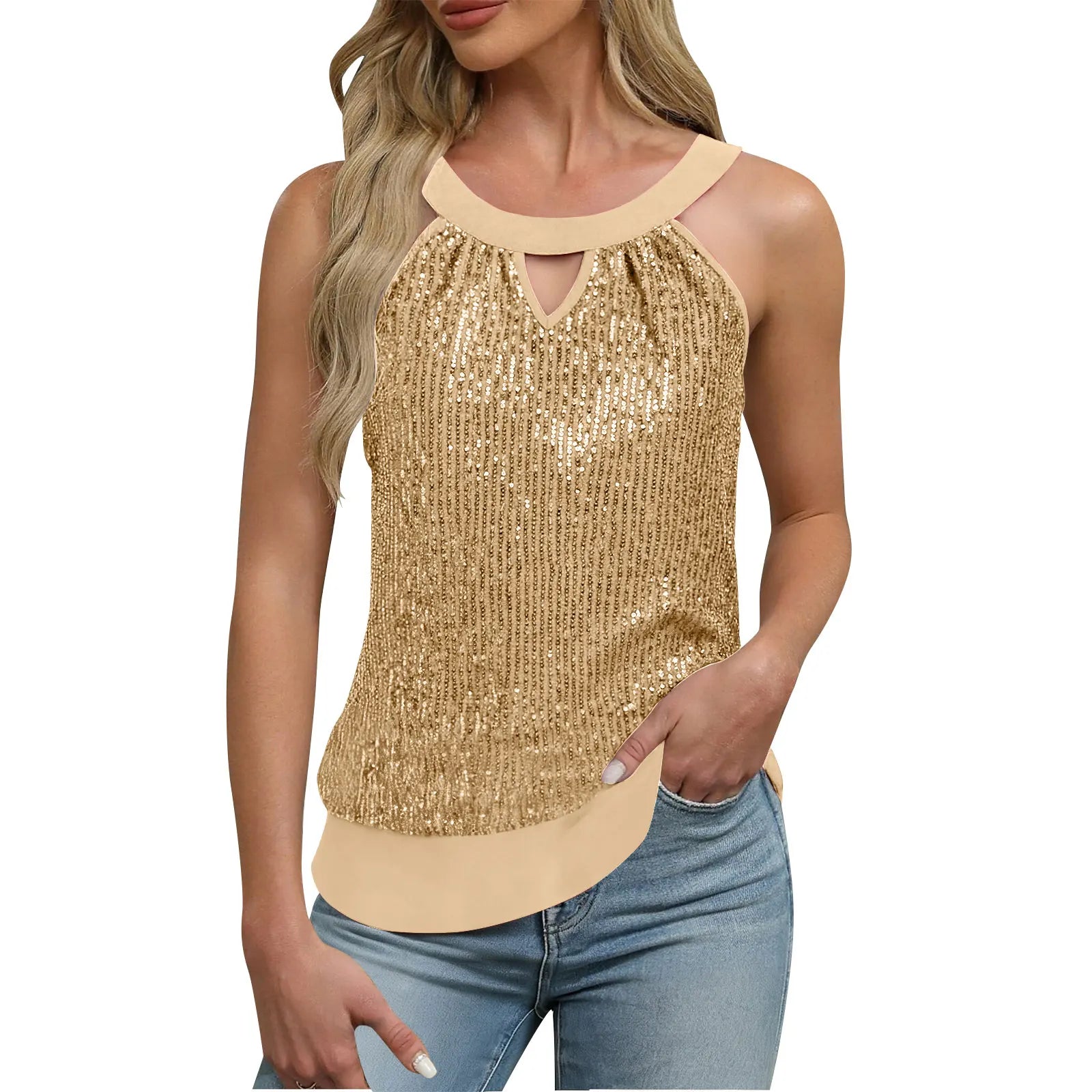 Women's Sequin Glitter Tank Tops Sleeveless Crew Neck Slim Fit Camisole For Holiday Backless Bow Tie Streetwear Party Club Vest