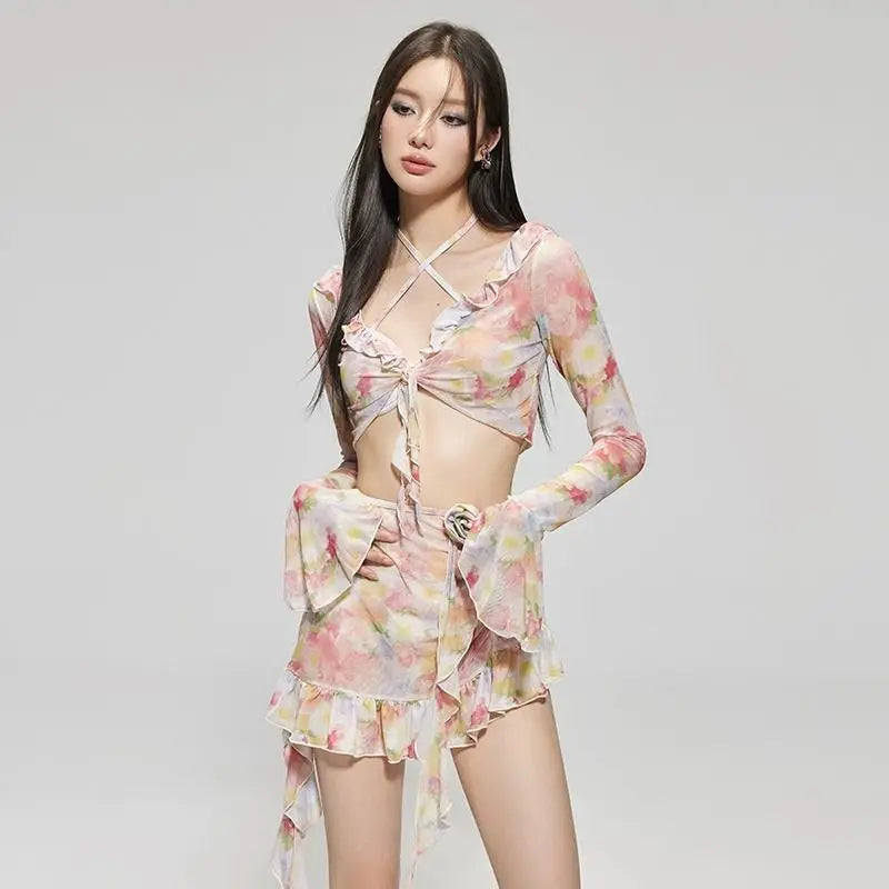 Bikinis Set Swimsuit Women Sweet Floral Prints Summer Girlish Sexy Ruffles Korean Style High Waist Swimwear Fashion Beach Wear