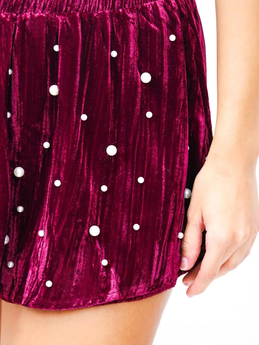 Women’s Velvet Skorts Skirts Shorts Fashion Autumn Elastic High Waist Pearl Studded Skirt Shorts Elegant Christmas Female Shorts