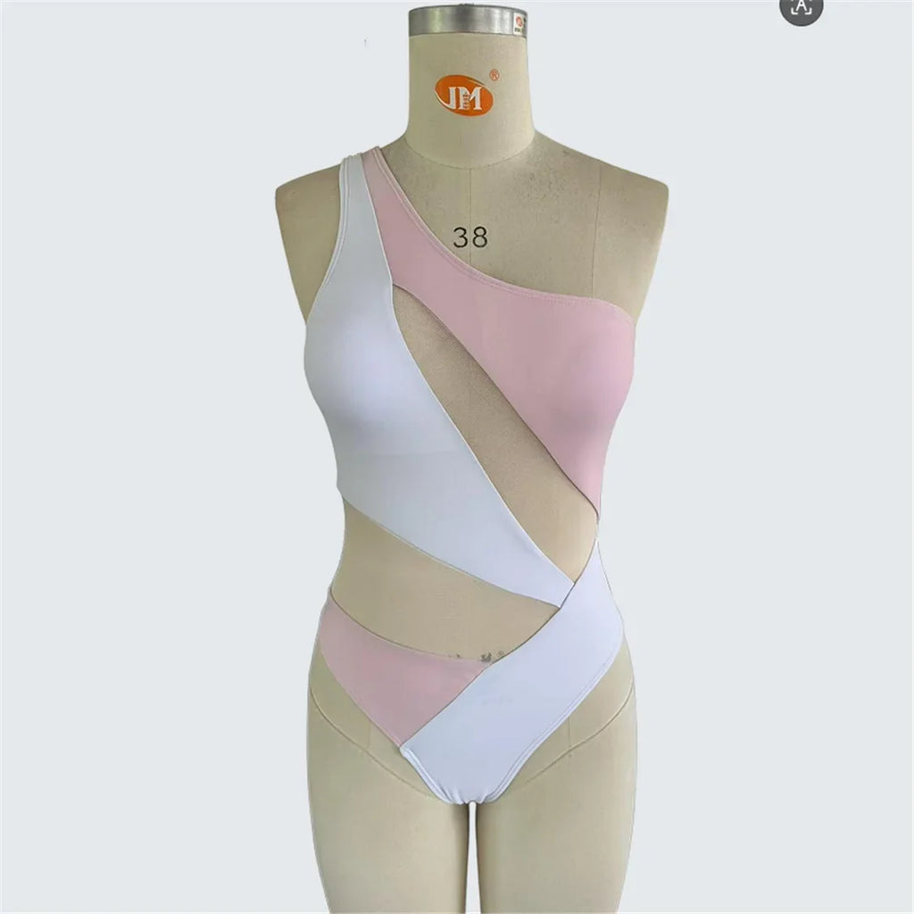 S - XXL New Splicing One Shoulder See Through Mesh Sheer One Piece Swimsuit Women Swimwear Female Bather Bathing Suit Swim K7475