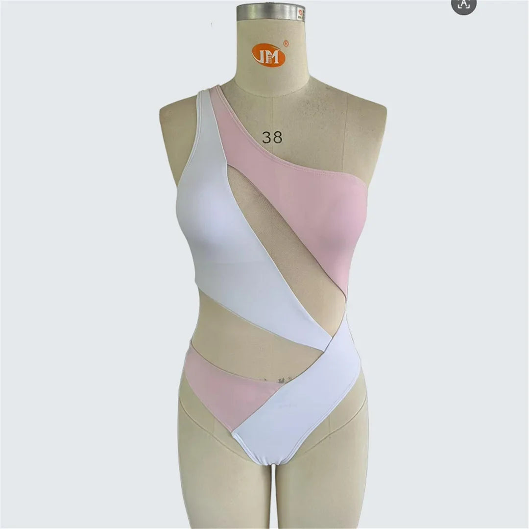 S - XXL New Splicing One Shoulder See Through Mesh Sheer One Piece Swimsuit Women Swimwear Female Bather Bathing Suit Swim K7475