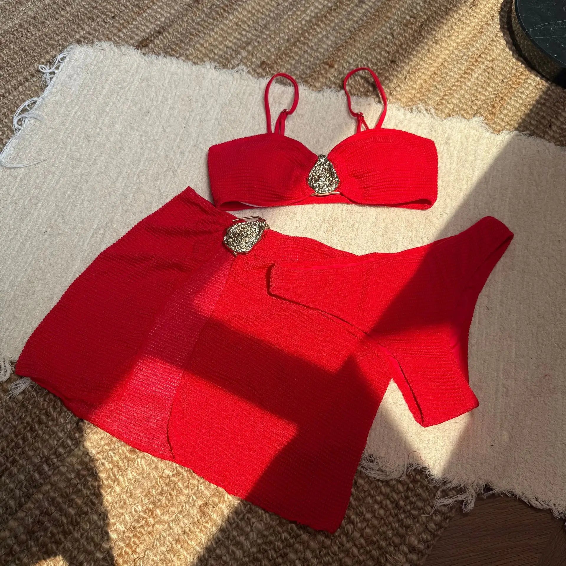 With Skirt Wrinkled Bandeau Bikini Female Swimsuit Women Swimwear Three-pieces Bikini Set Metal Ring Bathing Suit Swim Beachwear