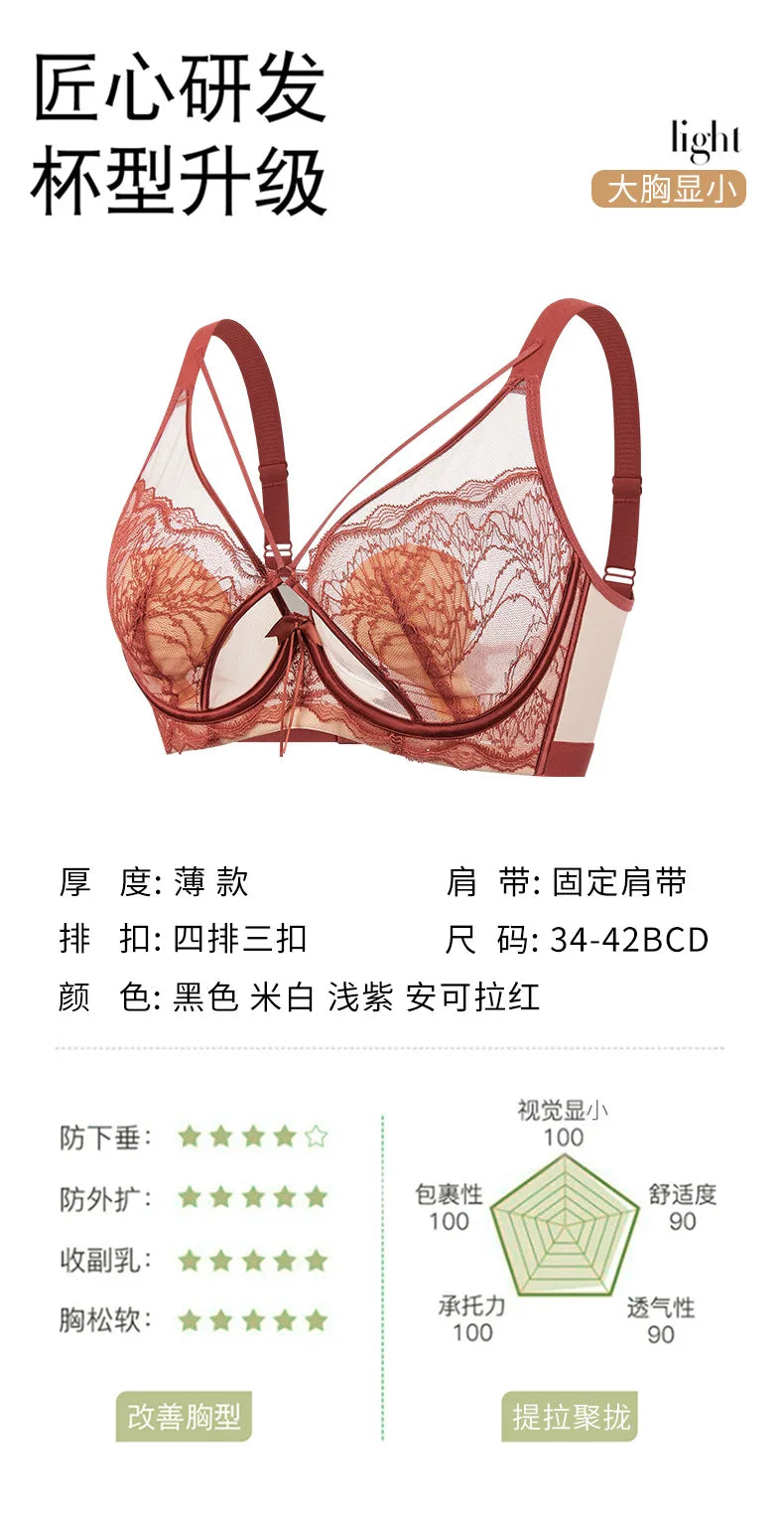 Women's French Pure Desire Lace Lingerie Set - Rabbit Ear Cup Thin Push Up Bra Minimizer for Large Bust