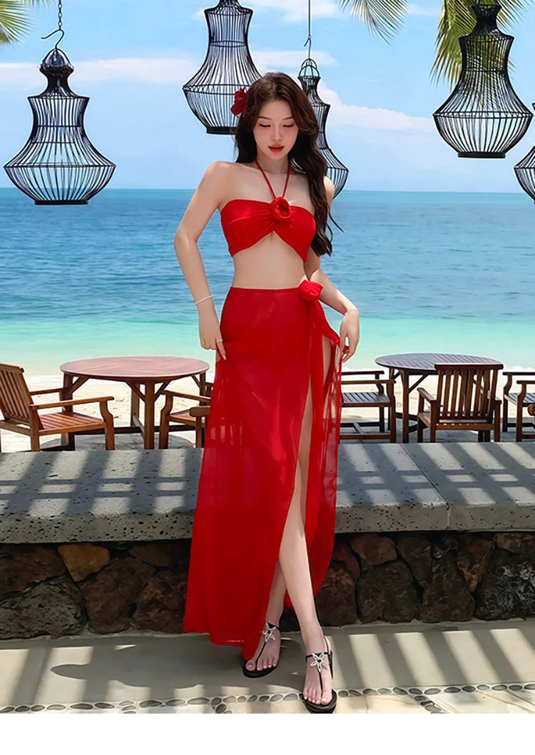 2025 Korean Swimsuit Women Sexy Bikini Red Split Long Skirt Swimsuit Women Halter 3D Flower Push Up Holiday 3 Piece Swimwear