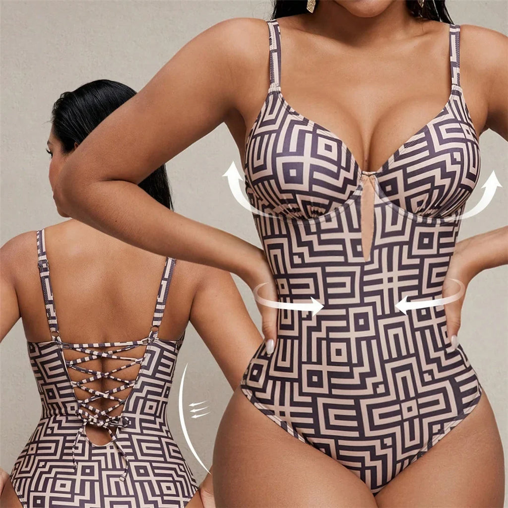 S - XL Printed Underwired V Neck Women Swimwear One Piece Swimsuit Female Lace Up High Leg Cut Bather Bathing Suit Swim V7552