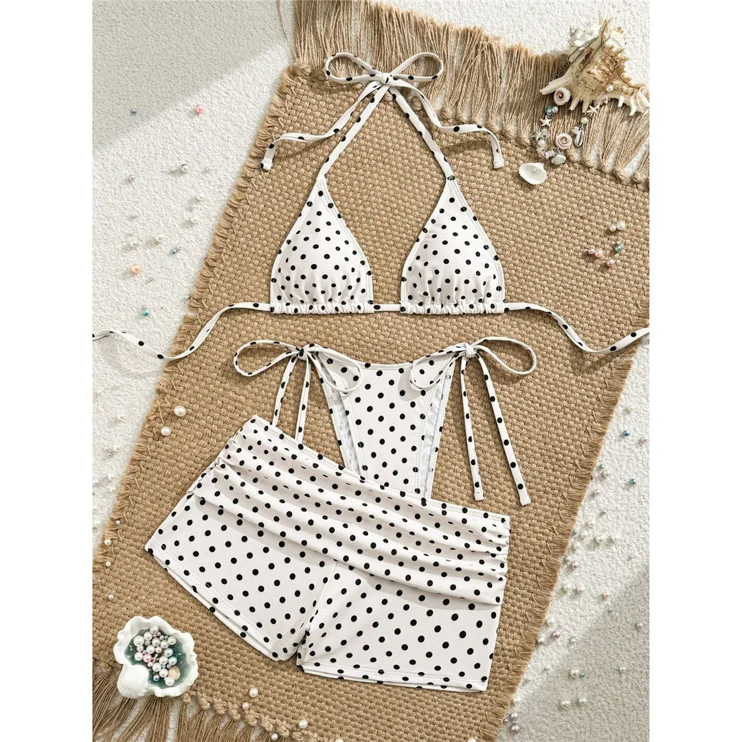S - XL With Shorts Polka Dot Halter Bikini Female Swimsuit Women Swimwear Three-pieces Bikini Set Bather Bathing Suit Swim V8292