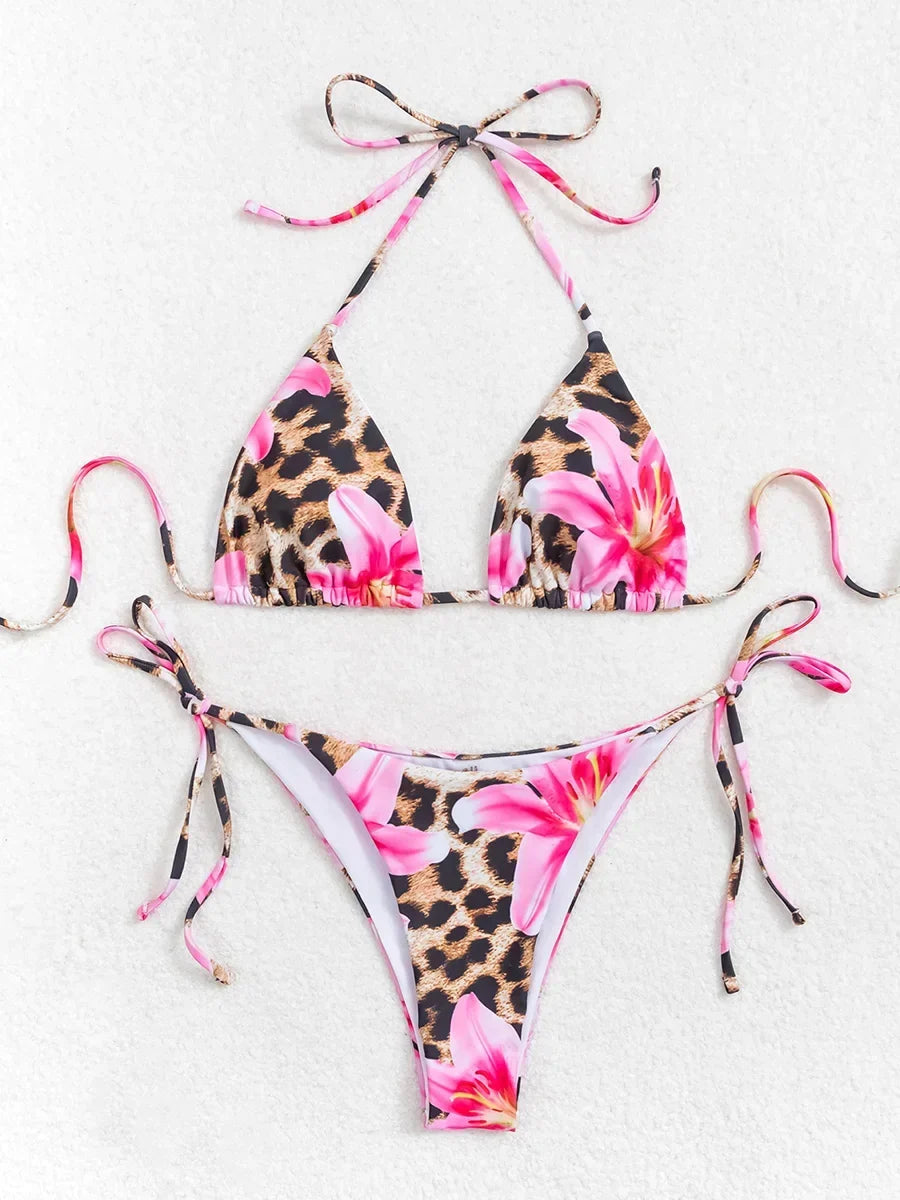 XS - L Floral Leopard Printed Halter Bikini Women Swimwear Female Swimsuit Two-pieces Bikini set Bather Bathing Suit Swim Lady