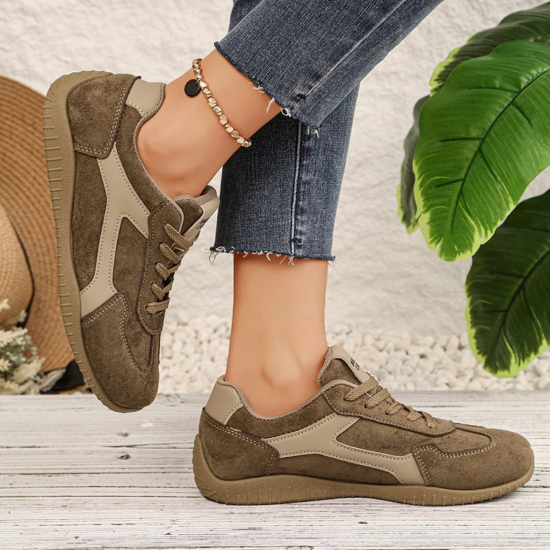 Fashion Gray Suede Flats Sneakers Women Non Slip Lace Up Platform Sneakers Woman Comfortable Thick Sole Sports Running Shoes