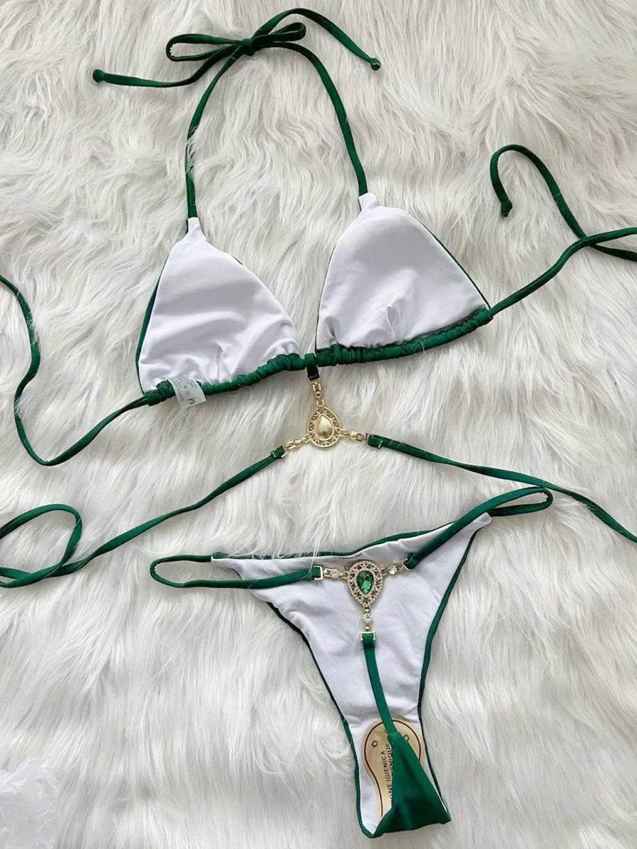 Halter Rhinestone Diamond Bikini Women Micro Thong Swimwear Female Swimsuit Two Pieces Bikini Set Satin Bathing Suit Swim Lady