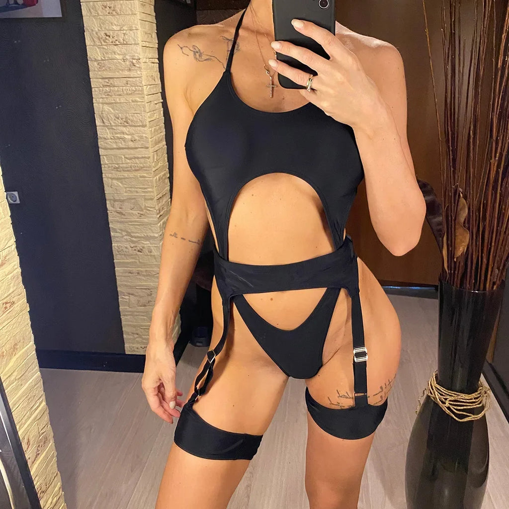 Sexy Tummy Cut Out Halter With Garter One Piece Swimsuit Women Swimwear Female High Leg Cut Bather Bathing Suit Swim Lady V4415