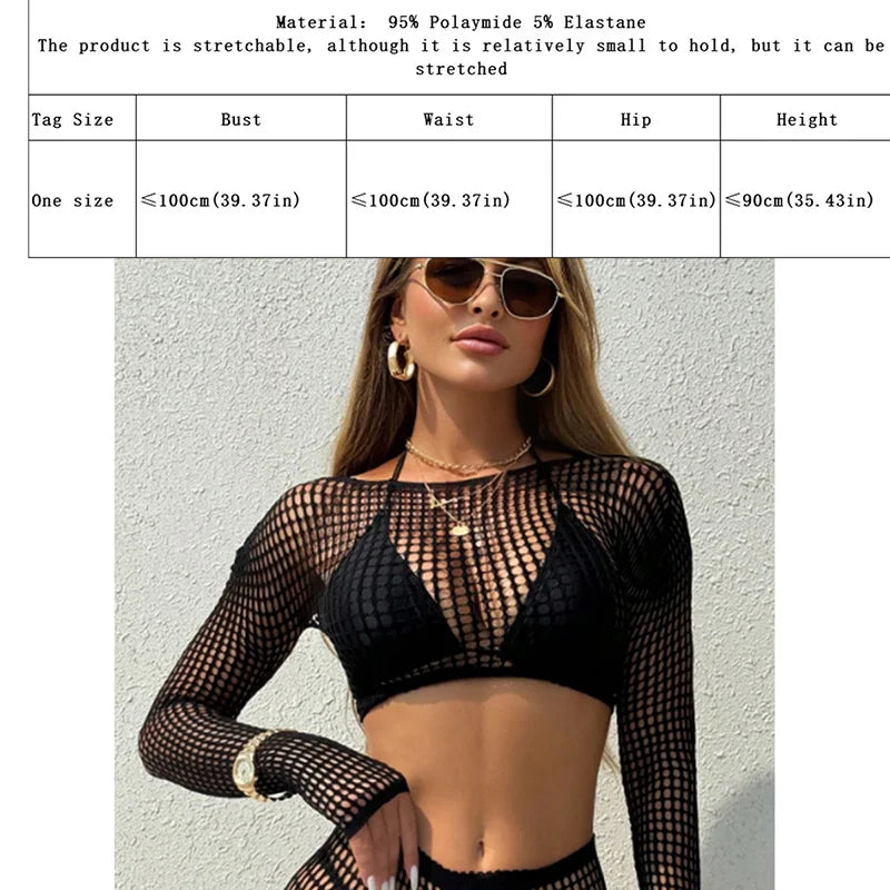 2 Piece Set Women Long Sleeves Beach Cover Up Without Bikini See Through Dress Fishnet Summerwear Vacation Swimsuit Swimwear