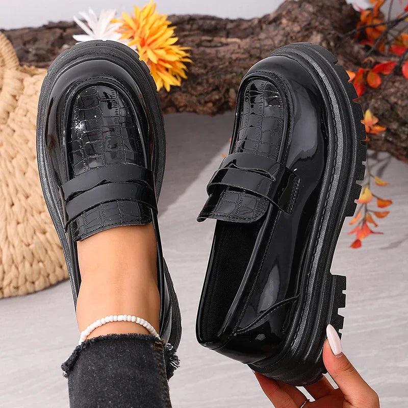 Patent Leather Chunky Platform Loafers Women British Style Plus Size 43 Thick Heel Pumps Woman Slip On Round Toe Oxford Shoes