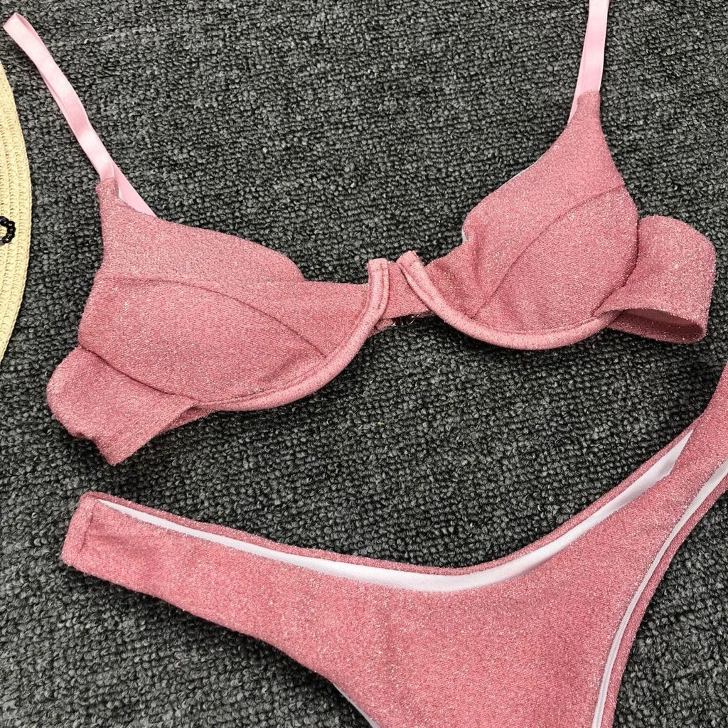 Sexy Silver Glitter Bikini 2026 Swimwear Women Push Up Cut Out Underwire Thong Swimsuit Summer Brazilian Bathing Suit Biquini