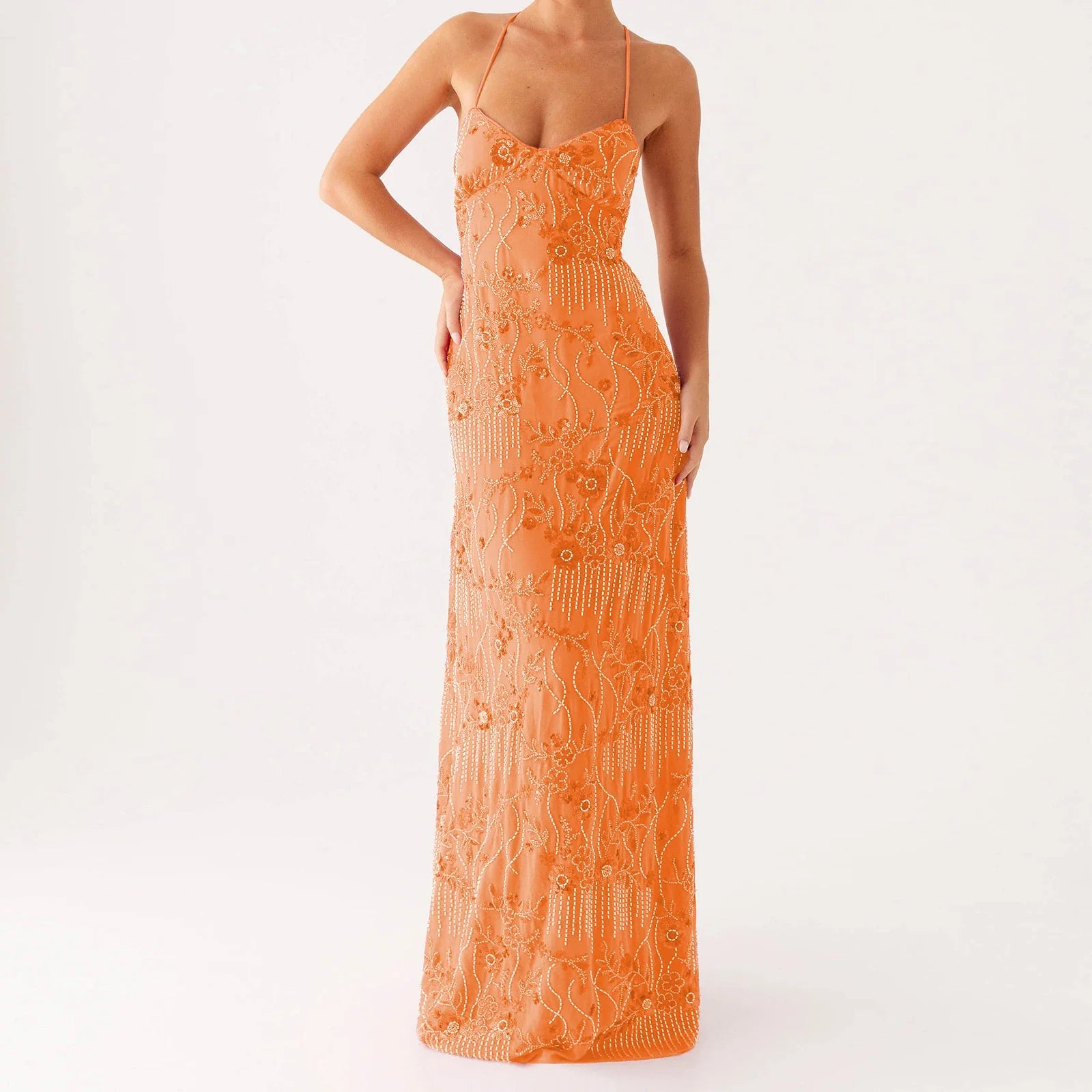 Elegant Sequin Beaded Women Maxi Dresses Flower Embroidery Sleeveless Party Cami Dress Summer Criss Cross Spaghetti Strap Dress
