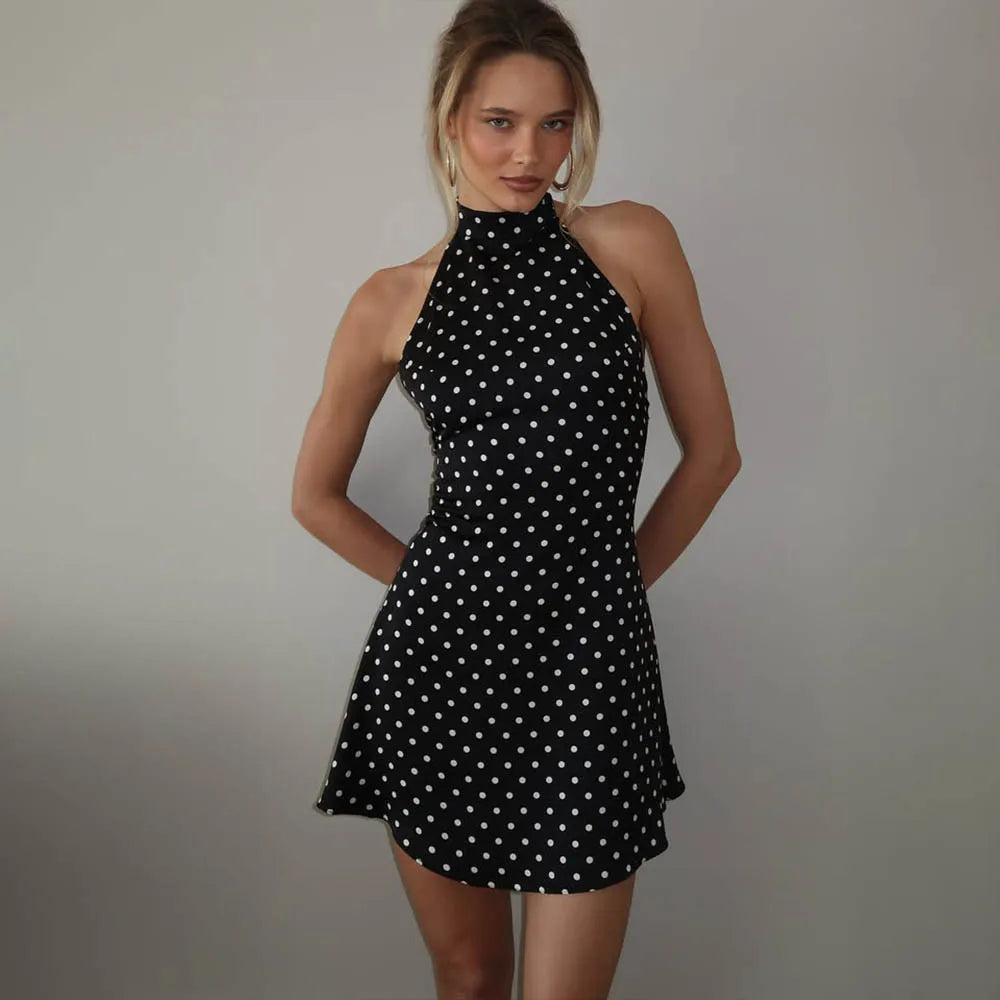 FDYOUI Woman Clothes Halter Sleeveless Polka Dot Satin Short Dress 2026 Summer Sexy Bandage Backless Mini Evening Party Dresses