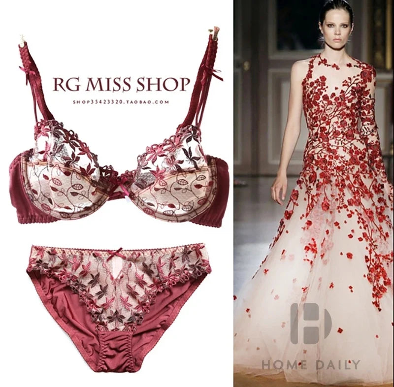 MOYISU Pure Desire Victoria Thin Bra Set Lace Mesh Red Beautiful Back Sex Underwear Hold Up with Underwire Transparent Bra Woman