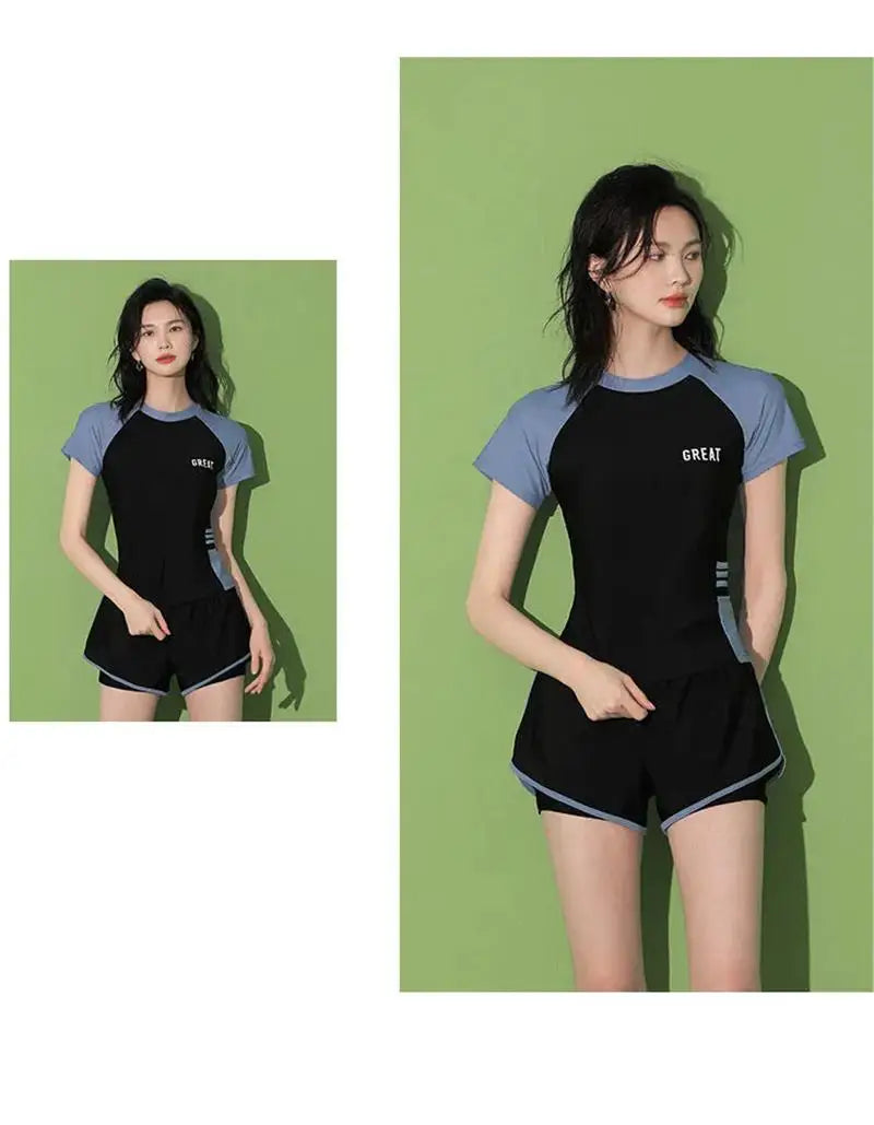 Fashion Women's Swimming Suit Ladies Patchwork Short Sleeve Swimwear Sports Pool Beachwear Two Piece Swimsuit With Shorts